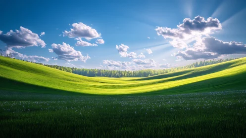 Sunlit rolling meadow under dramatic radiant sky.