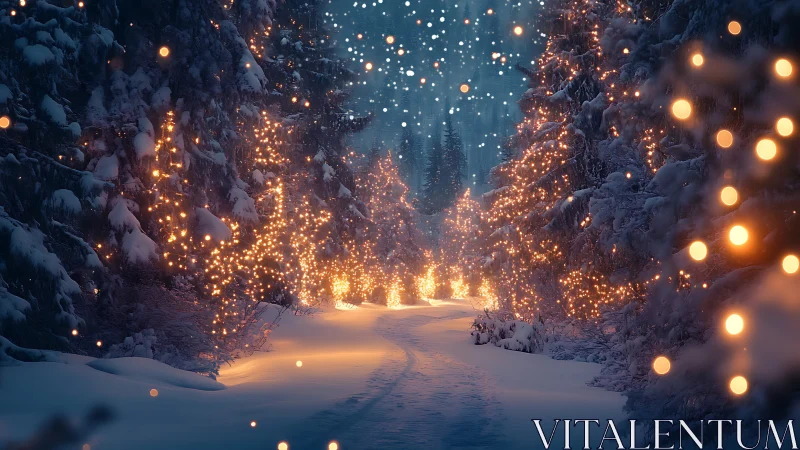 Glowing winter forest path sparkles with gentle holiday lights