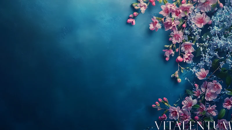 Pink Flowers Against Teal Wall with Cascading Vines.