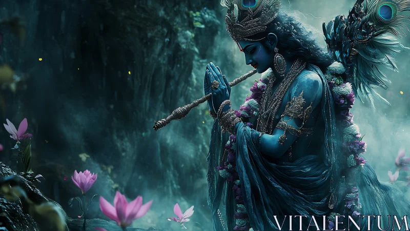 Moonlit blue deity in floral prayer beneath mystic cliffs.