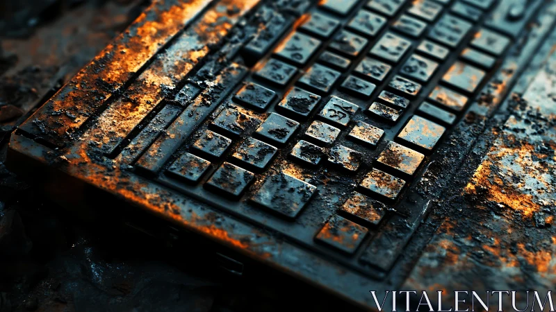 Damaged computer keyboard lies covered in rust and debris