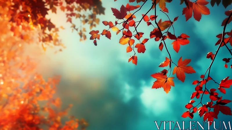 Glowing autumn leaves dancing gently across a dreamy sky.