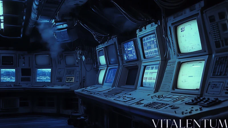 Retro-futuristic command deck with glowing CRT consoles.