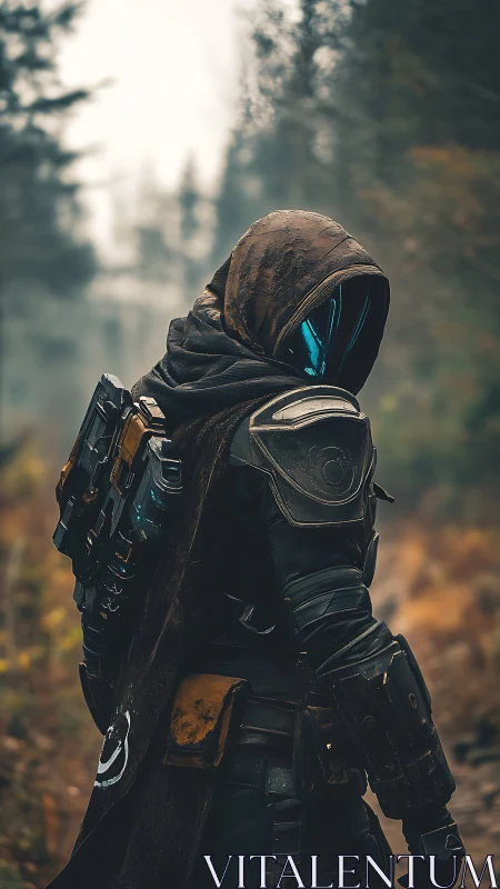 Hooded sci fi ranger walks alone through a misty forest.