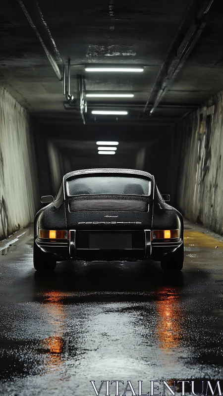 Classic sports car glowing in a rain soaked city tunnel.