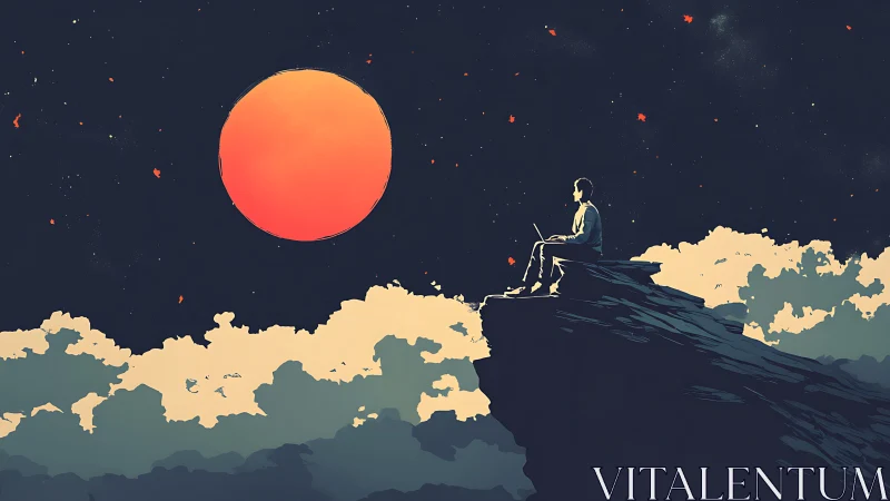 Contemplative dreamer quietly watches a glowing sky moon