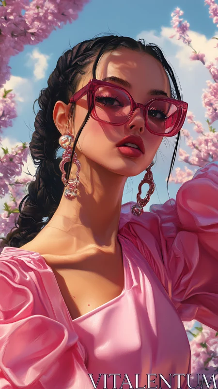 Digital portrait in glossy pink styling amid blossom bokeh.