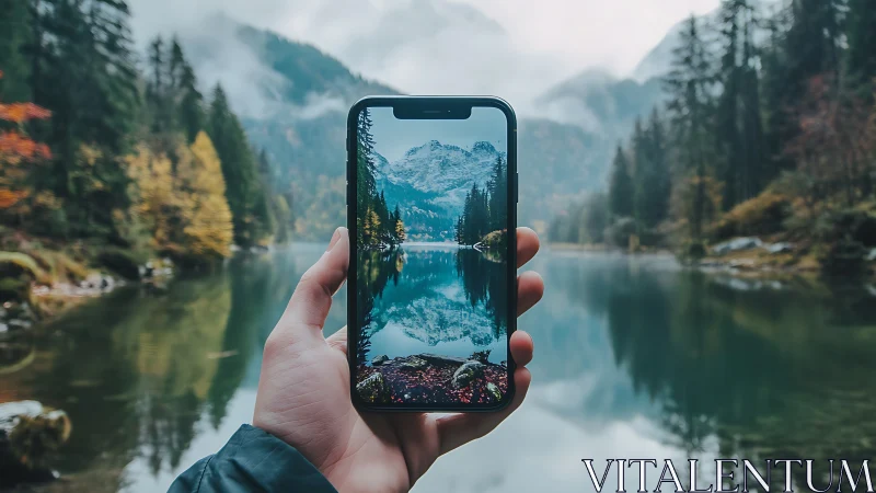 Smartphone frames alpine lake reflection in misty forest.
