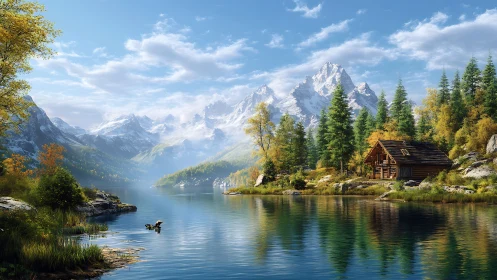 Sunny alpine lake cabin rests beneath towering snowy peaks