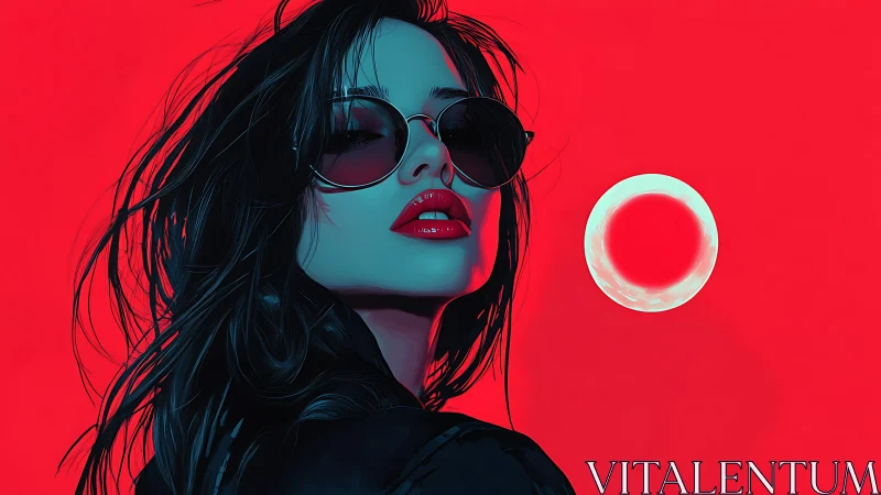 Neon noir portrait with red sun and sunglasses glare.