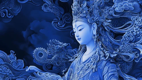 Celestial guardian drifts through sapphire clouds with dragons