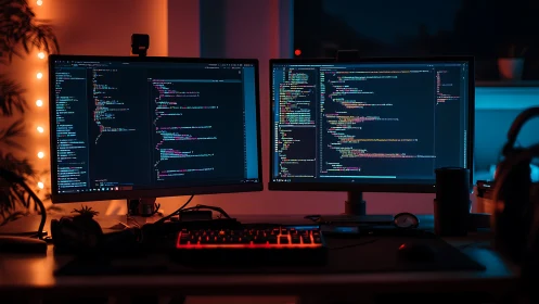 Cozy night coder’s dual-screen workspace in neon glow.