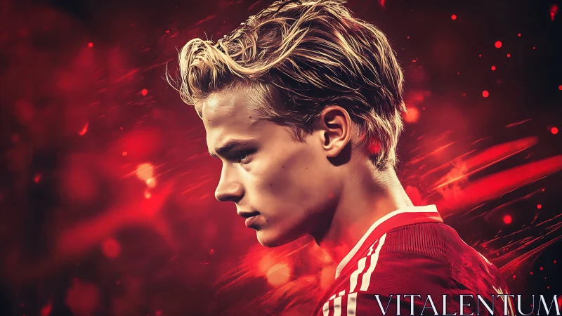 Focused young athlete in glowing red, ready for action.