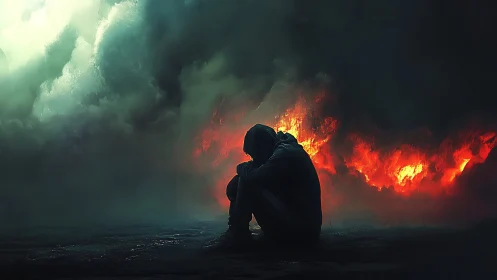 Solitary hooded figure before inferno in dense nocturnal smoke