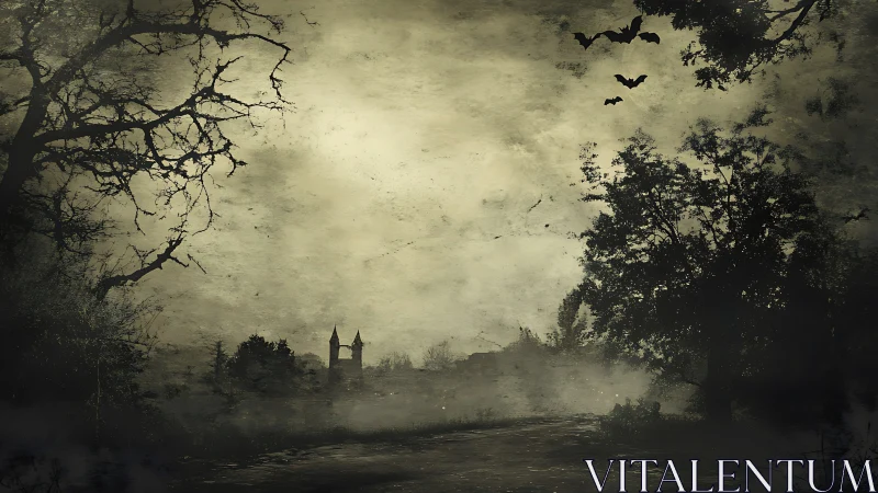 Dark foggy forest with distant castle and flying bats.