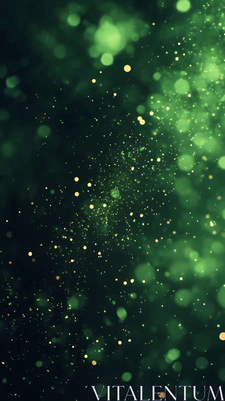 Green particles float across dark background in vertical frame