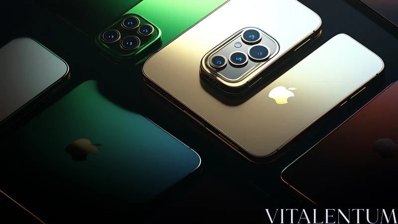 Multiple modern smartphones lie arranged in reflective rows