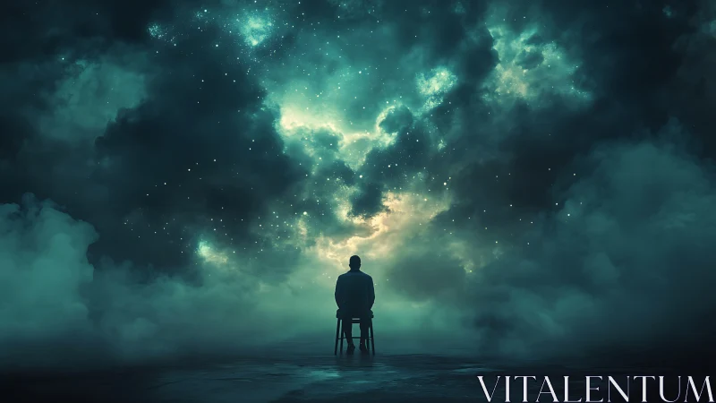 Quiet soul sits beneath a glowing, stormy cosmic sky