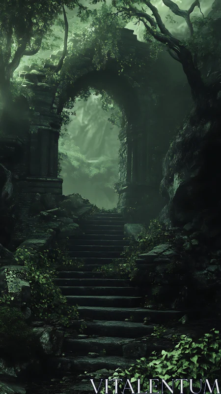 Ancient forest staircase ascends toward misty stone arch