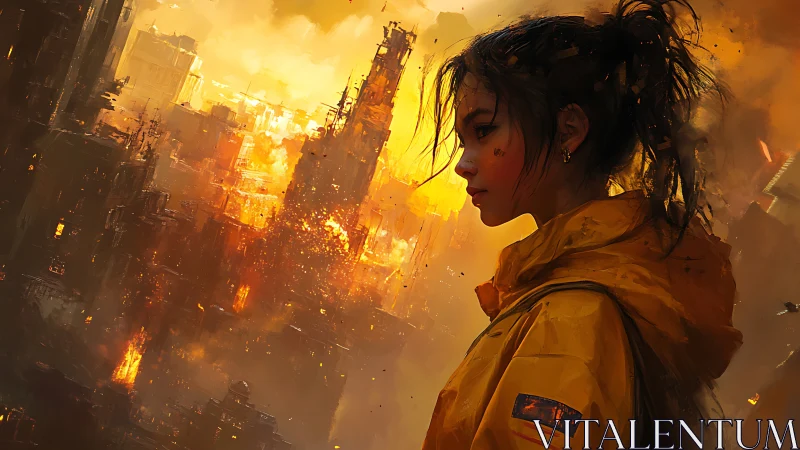 Firelit girl in a yellow coat walks through collapsing city.