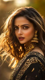 Portrait of woman in black saree with gold jewelry.