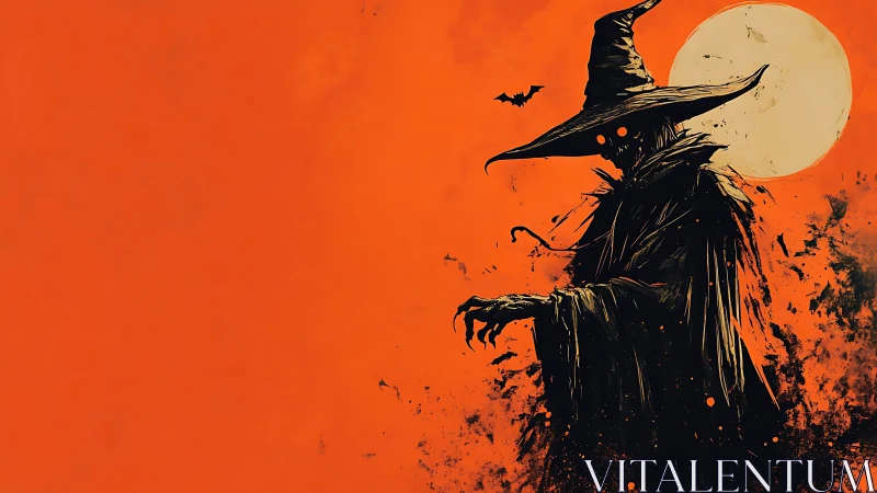 Moonlit scarecrow witch stalks across a burning harvest sky