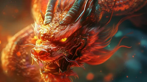 Fiery Chinese dragon head rendered in hyperreal digital detail