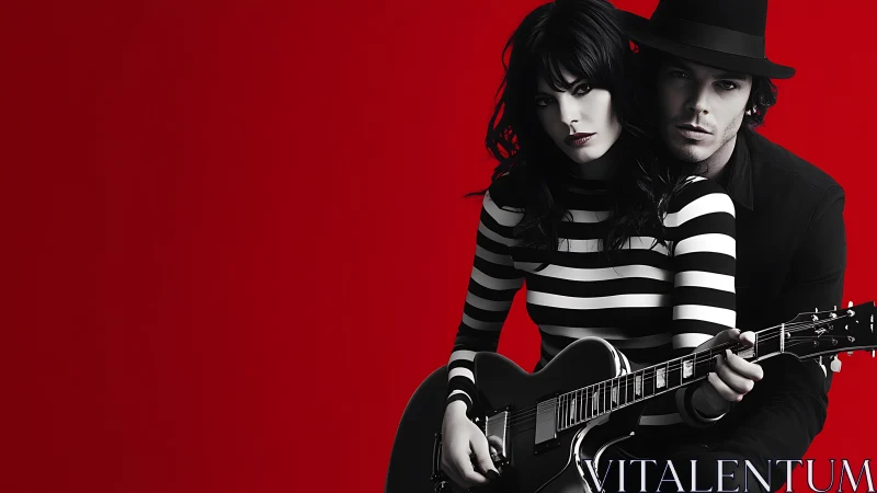 Monochrome duo with electric guitar on saturated red field.