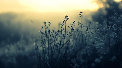 Soft dawn meadow with dreaming wild grasses in light.