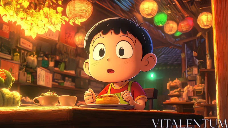 Anime boy at cozy lantern-lit café table, surprised expression.