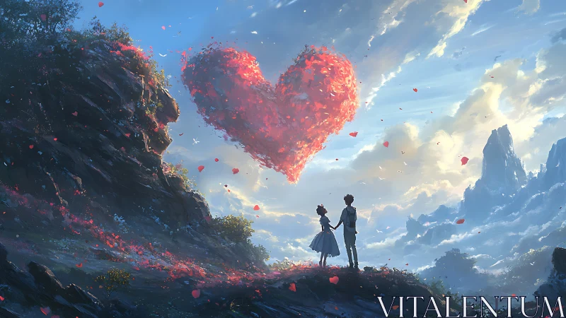 Couple watches massive red heart form in sky above rocky terrain