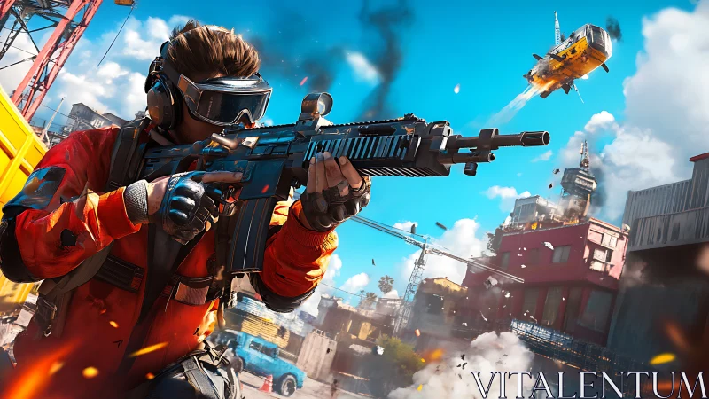 Armored soldier aims rifle amid explosive urban firefight.