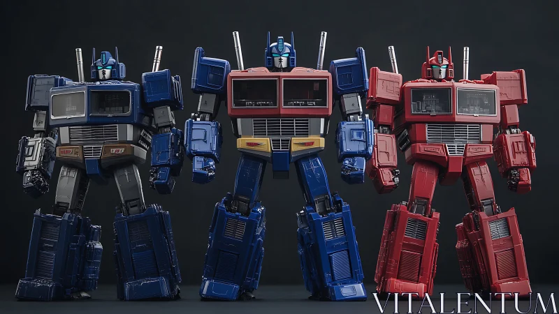 Triad of articulated robot figures under studio lighting.