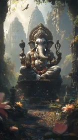Ganesha stone colossus crowns misty jungle temple path.