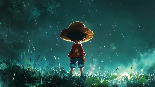 Child in straw hat stands in rain within illuminated field