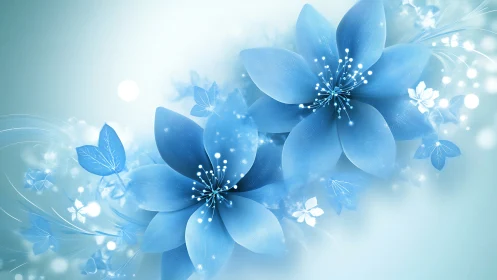 Ethereal Blue Flowers with Luminous Sparkles and Bokeh