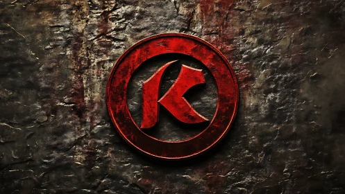 Weathered red K emblem on rugged metal wall backdrop.