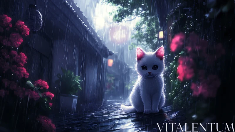 Backlit white kitten sits on wet alley stones under heavy rain