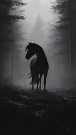 Silhouetted horse stands in a mist-filled conifer forest