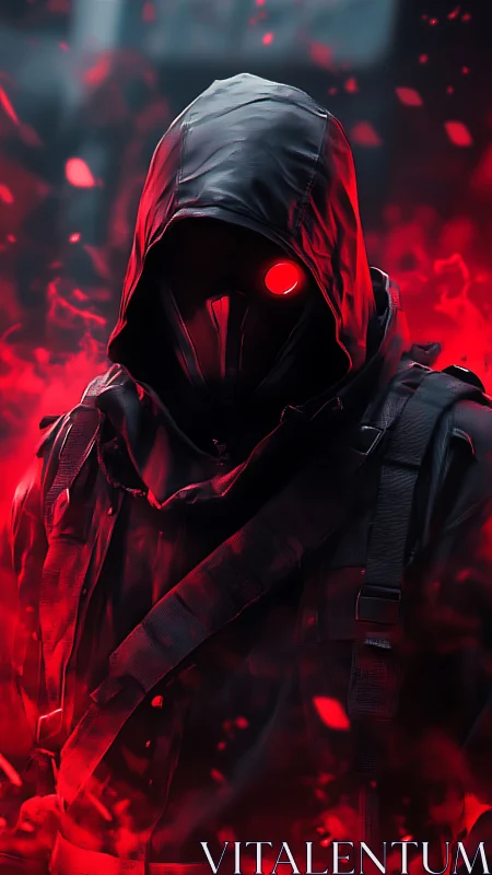 Hooded masked figure stands amid red particulate glow