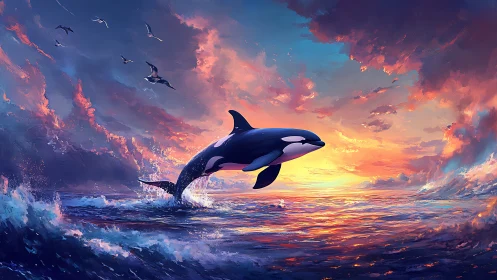 Orca breaching across open ocean under sunset sky.
