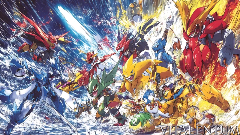 Anime mecha-creature clash in split elemental battlefield panorama.