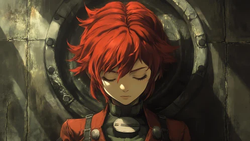 Red haired pilot stands silent before rusted metal hatch