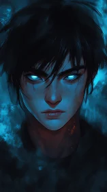 Brooding blue eyed character in dark digital portrait.