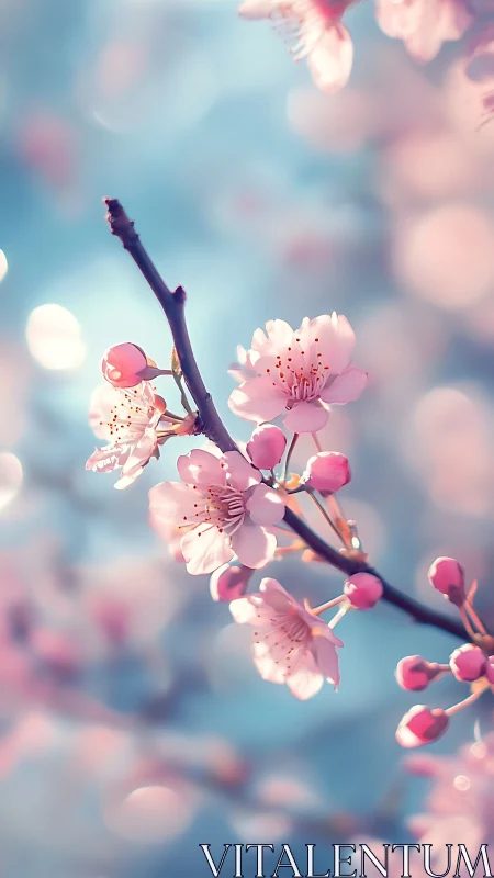 Spring Cherry Blossoms on Soft Blue Background.