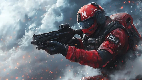 Armored red trooper aims rifle amid dynamic smoke vortex