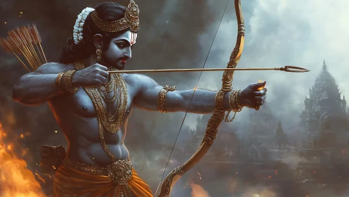 Blue-skinned divine archer draws bow against burning city