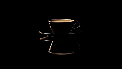 Minimalist coffee cup on reflective black background.