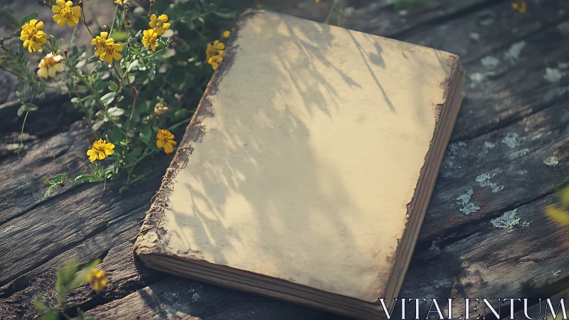 Weathered blank book rests beside yellow wildflowers outdoors