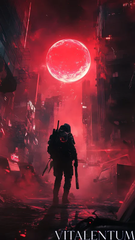 Red eclipse crowns a lone cyber-scout in ruined streets